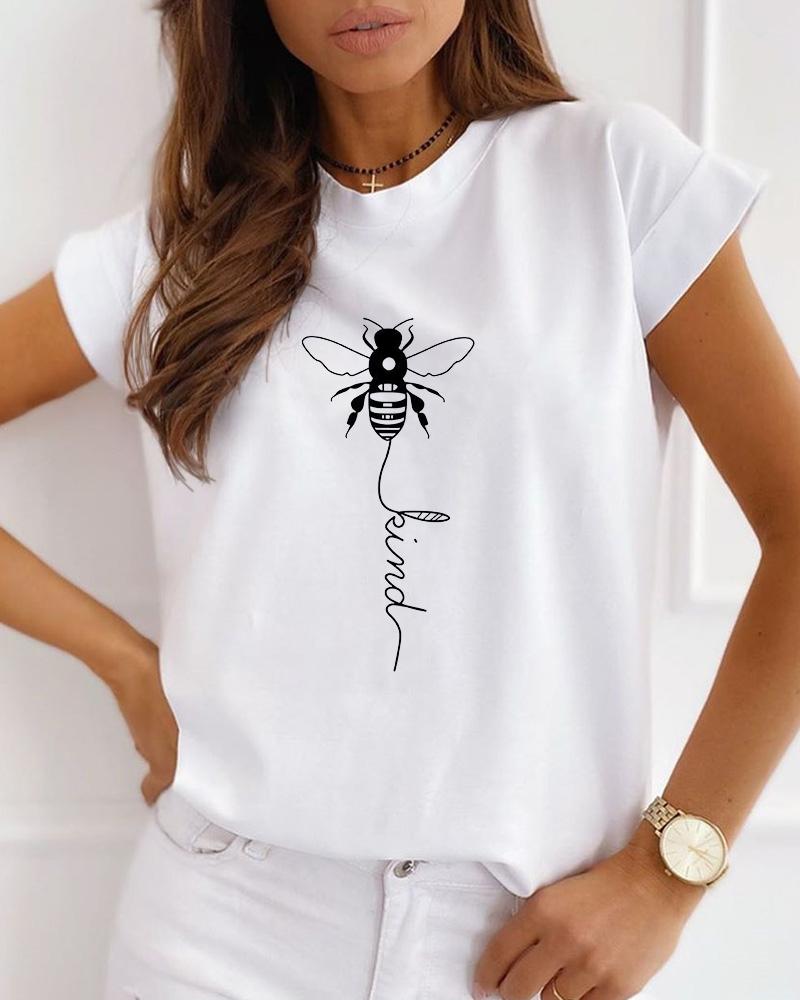 

Bee Print Short Sleeve Casual T-shirt, White