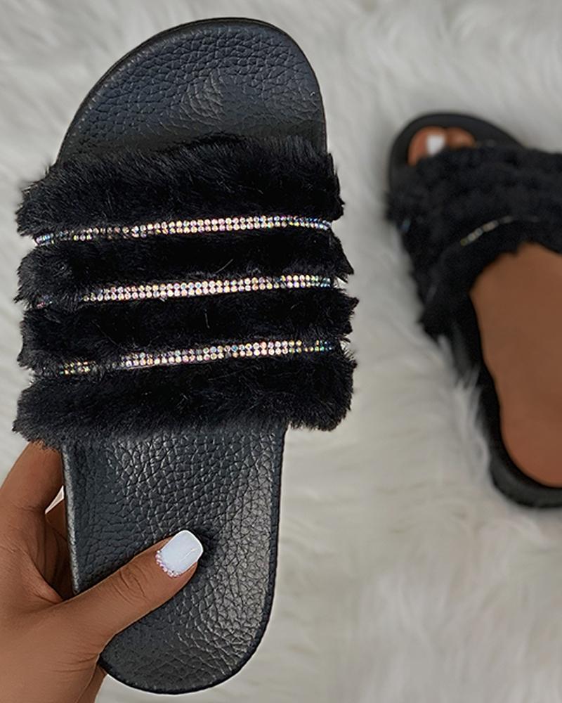

Studded Fluffy Open Toe Slippers, Black
