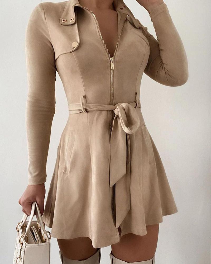 

Plain Zipper Design Long Sleeve Women Dress, Apricot
