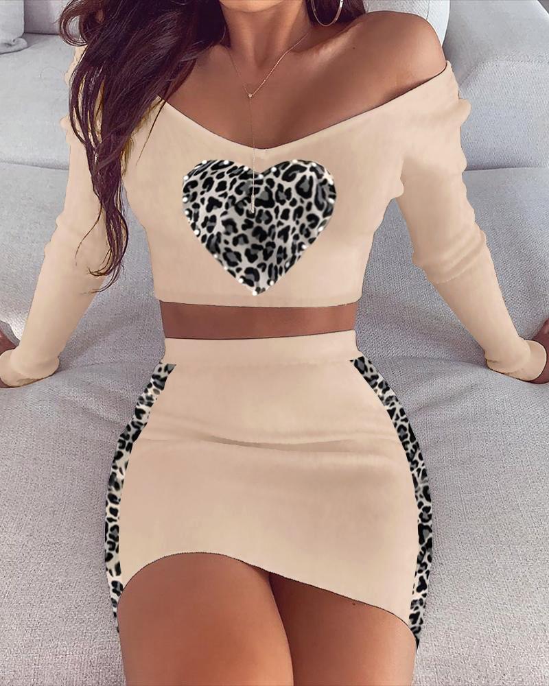 

Cheetah Print V-Neck Crop Top & High Waist Skirt Sets, Apricot