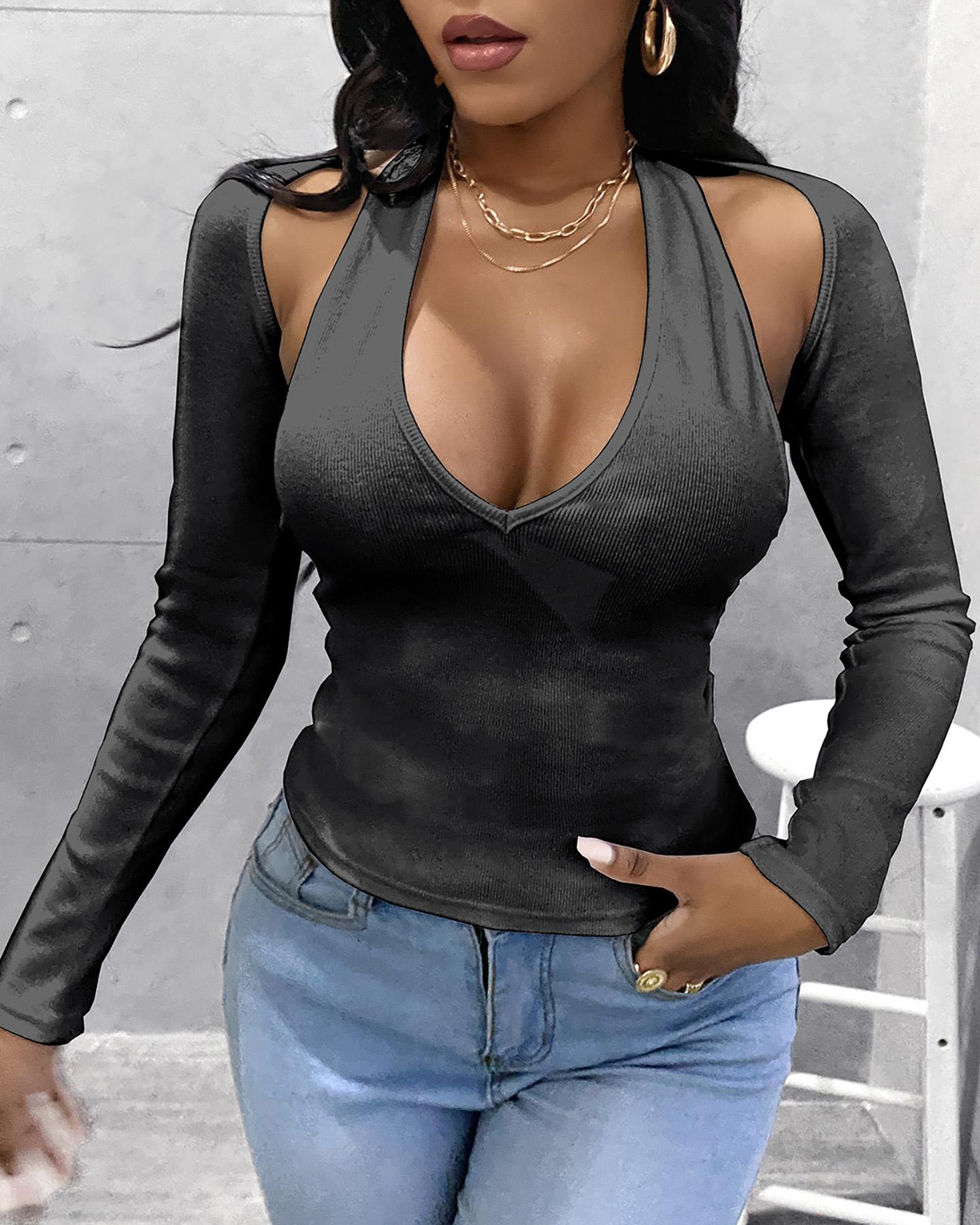 

Long Sleeve Super Crop Top & Halter BacklessTank Sets, Black