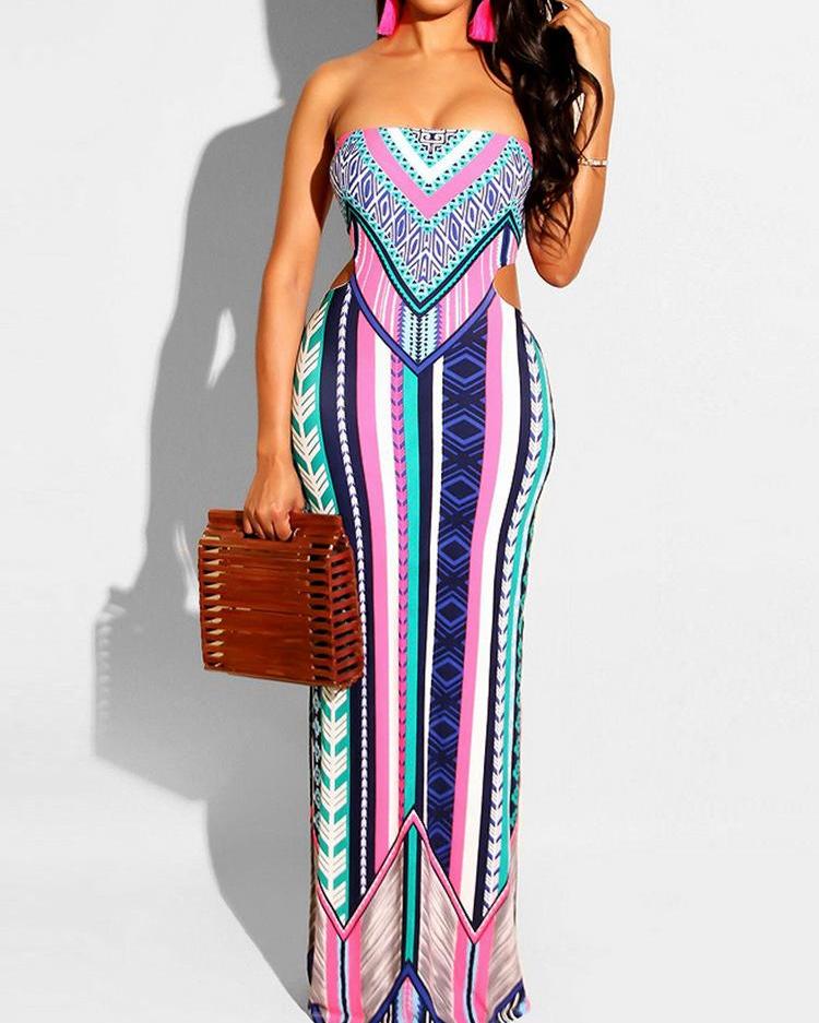 

Mixed Print Cutout Back Tube Maxi Dress, Red