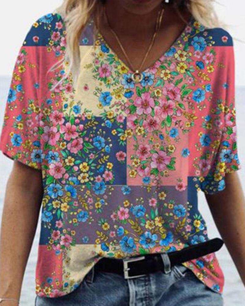 

Multicolor Floral Print Short Sleeve Loose T-shirts, Pink