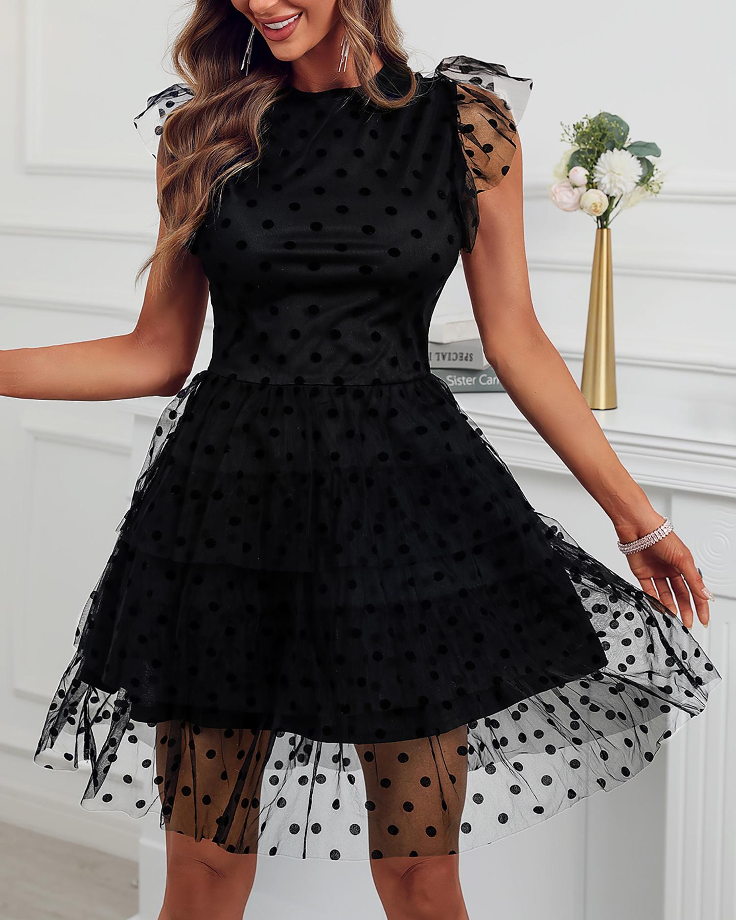 

Sheer Mesh Polkadot Print Dress, Black