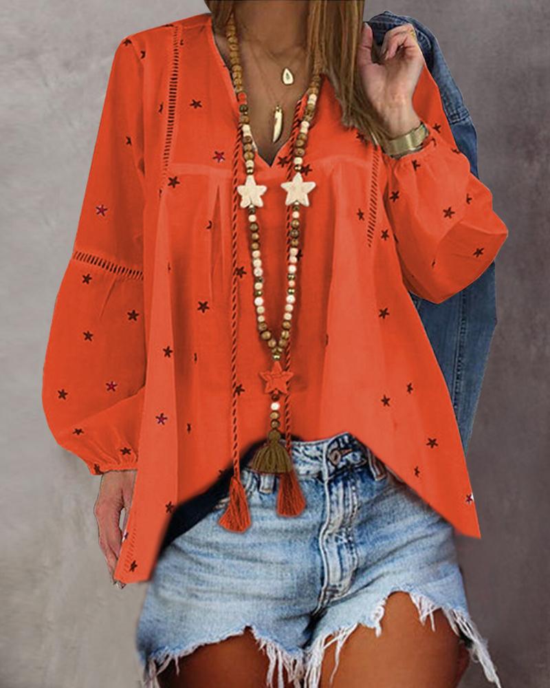 

Splicing Star Print Long Sleeve Shirt, Red