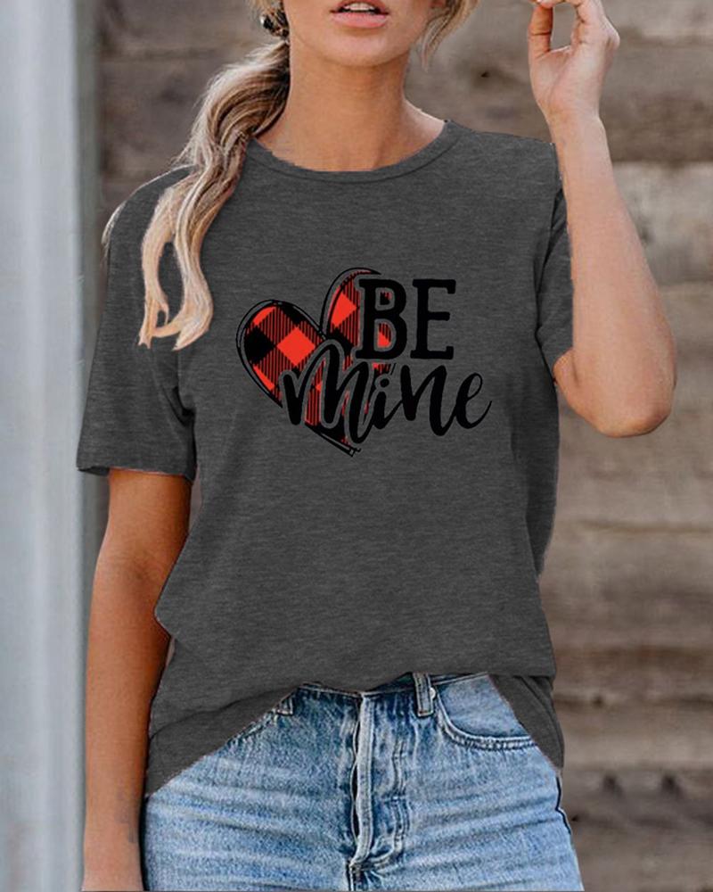 

Letter Heart Print Short Sleeve T-shirt, Gray