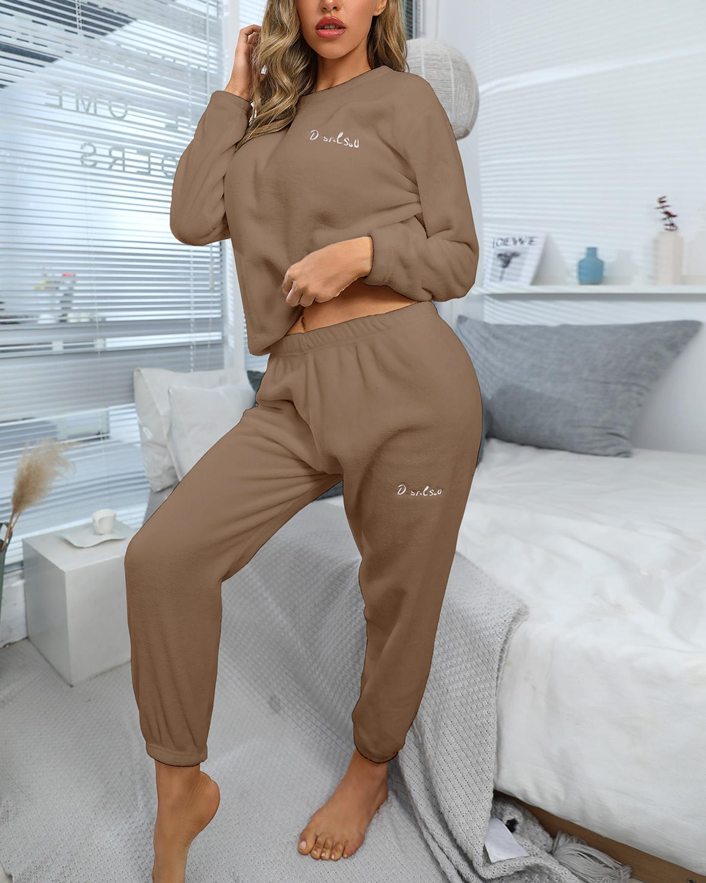 

Plain Warm Long Sleeve Top & Pants Set, Coffee