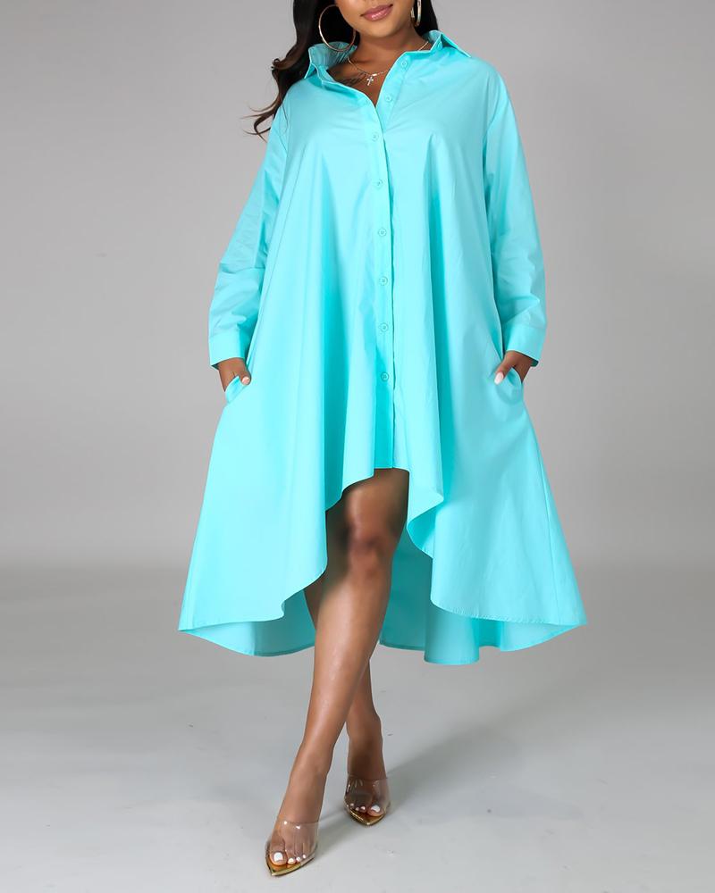 

Pocket Design Ruffles Long Sleeve Shirt Dress Without Belt, Blue