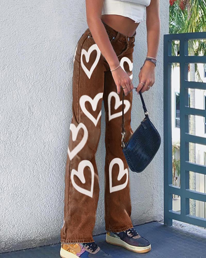 

Heart Print High Waist Straight Leg Jeans, Brown