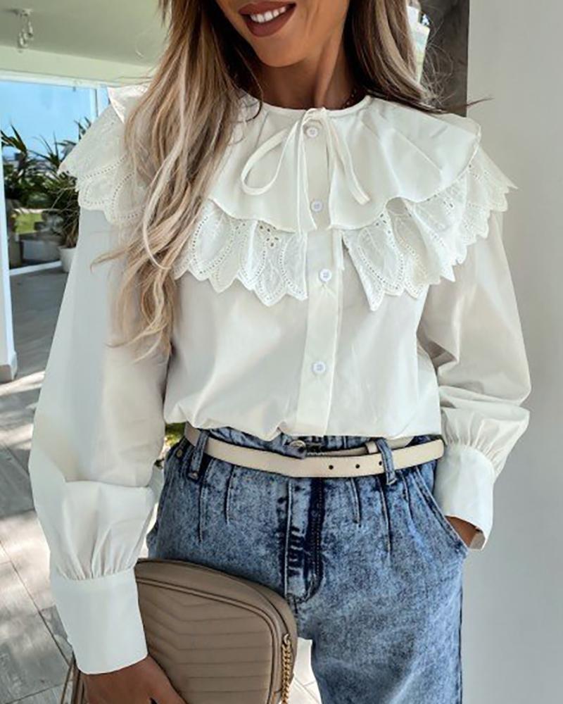 

Eyelet Embroidery Ruffles Hem Long Sleeve Shirt, White
