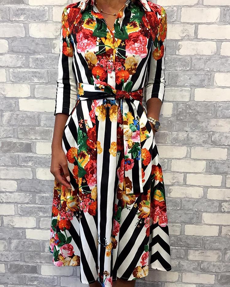 

Floral & Striped Print Half Sleeve Shirt Dress, Multicolor