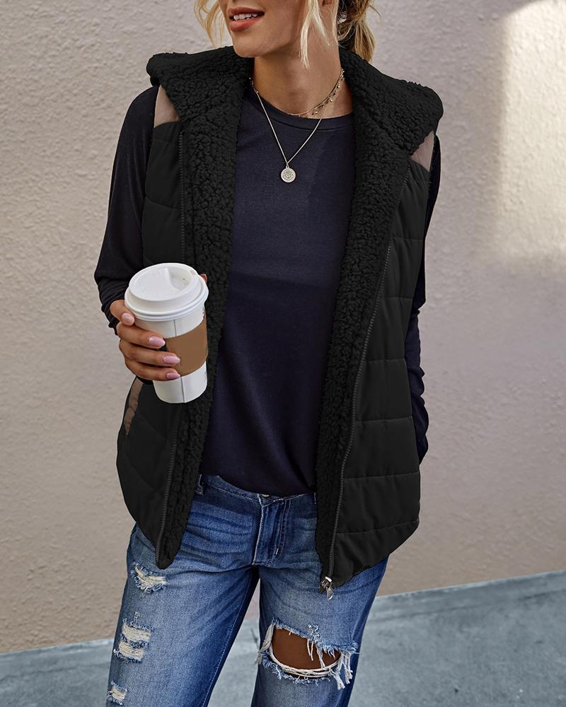 

Zipper Design Fluffy Casual Hooded Vest, Black