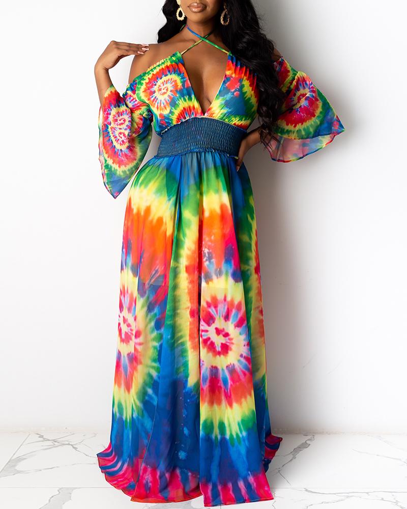 

Tie Dye Print Bell Sleeve Maxi Dress, Multicolor