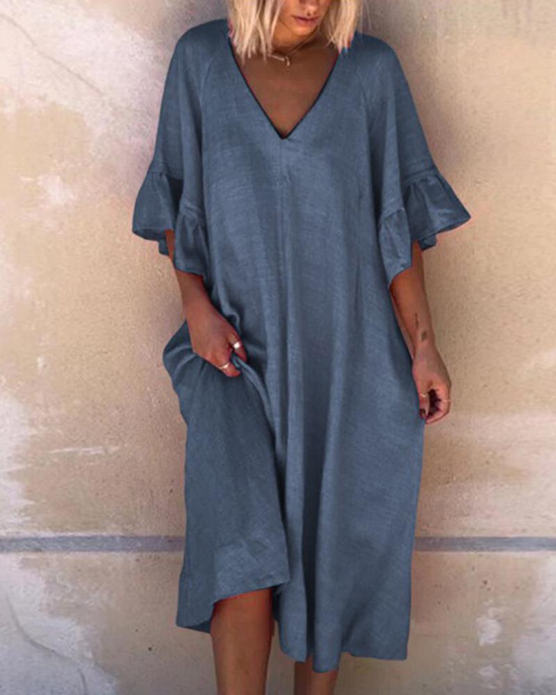 

V Neck Shift Midi Drss, Purplish blue