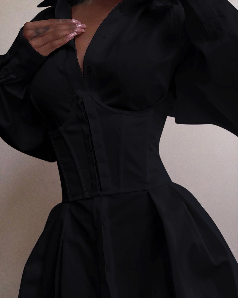 solid long sleeve tight waist buttoned shirt dress