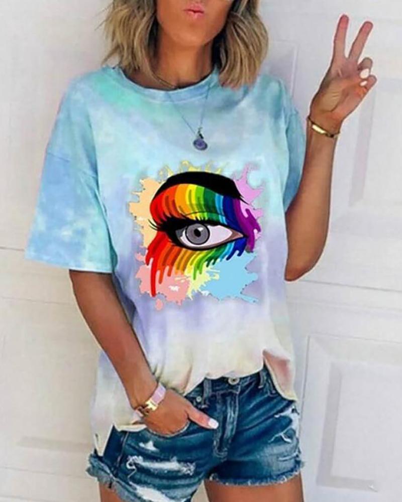

Tie Dye Eyes Print Casual T-shirt, Light blue