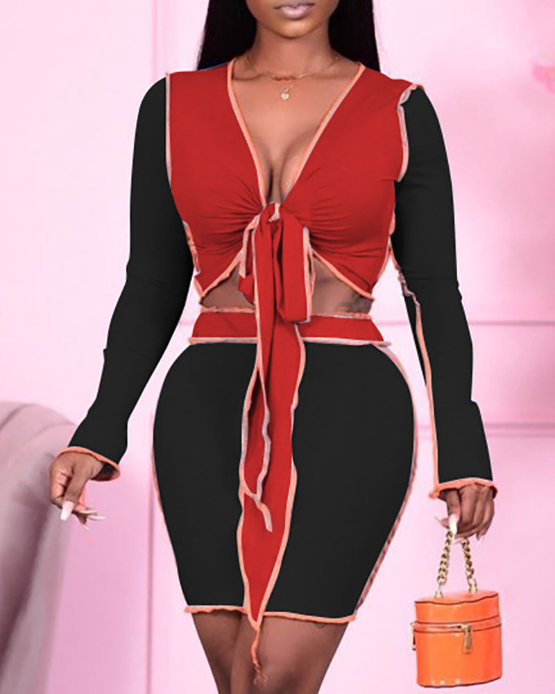 

Colorblock Long Sleeve Knotted Top & Skirt Set, Black