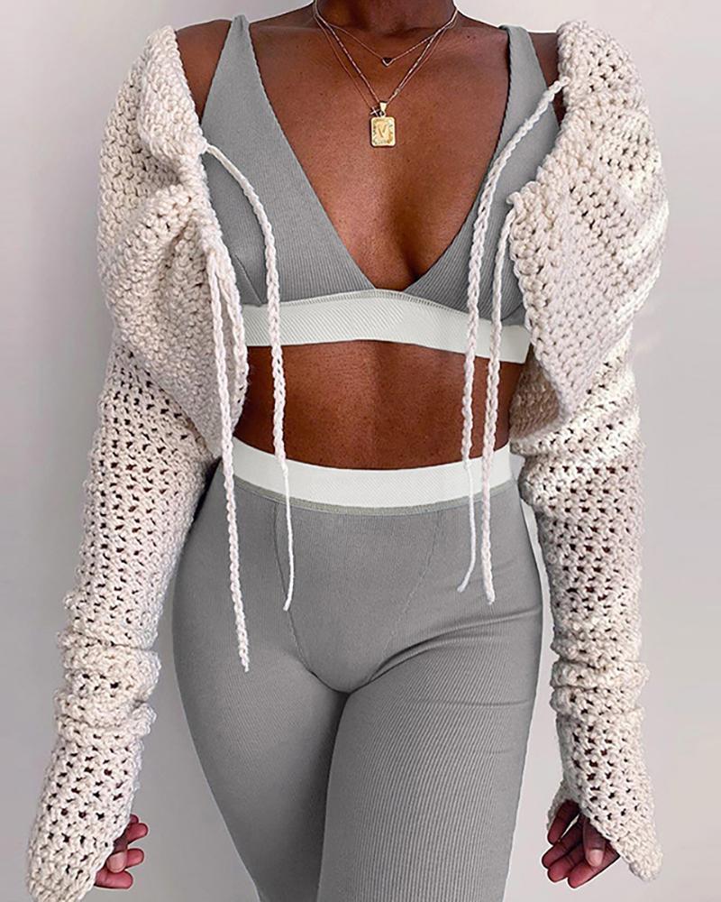 

Colorblock Crop Top & High Waist Pants Set, Gray