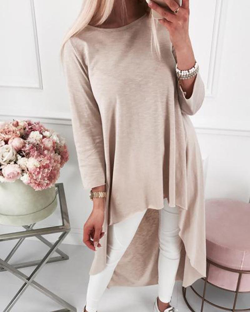 

Round Neck Long Sleeve Irregular Bamboo Long T-shirt Top, Apricot