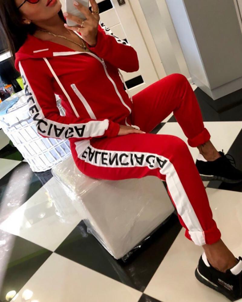 

Colorblock Letter Print Hoodie & Pants Set, Red