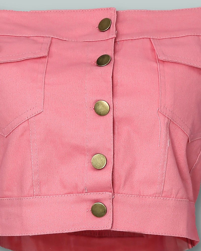 denim off shoulder crop top & tassel hem shorts sets