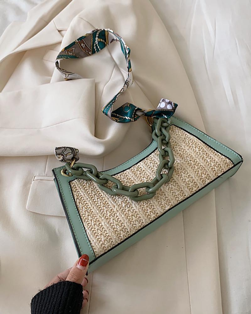 

Zip Top Chain Scarf Strap Woven Tote Bag, Green