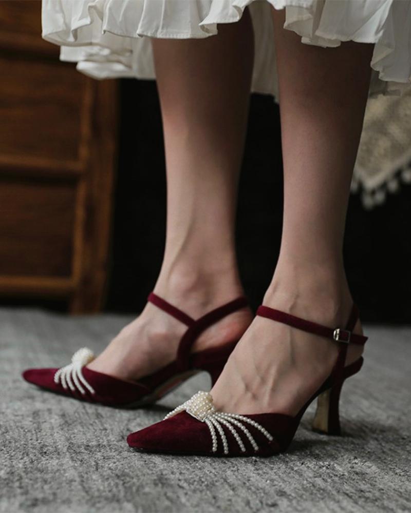 

Pointed-toe Solid Color Splicing Beaded Suede High Heels, Wine red
