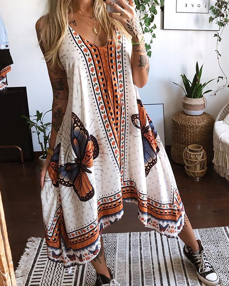 

Butterfly Scarf Print Backless Casual Dress, White