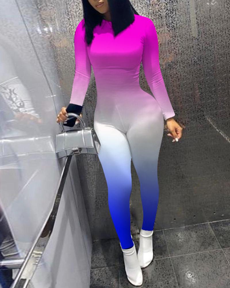 

Gradient Colorblock Long Sleeve Skinny Jumpsuit, Hot pink