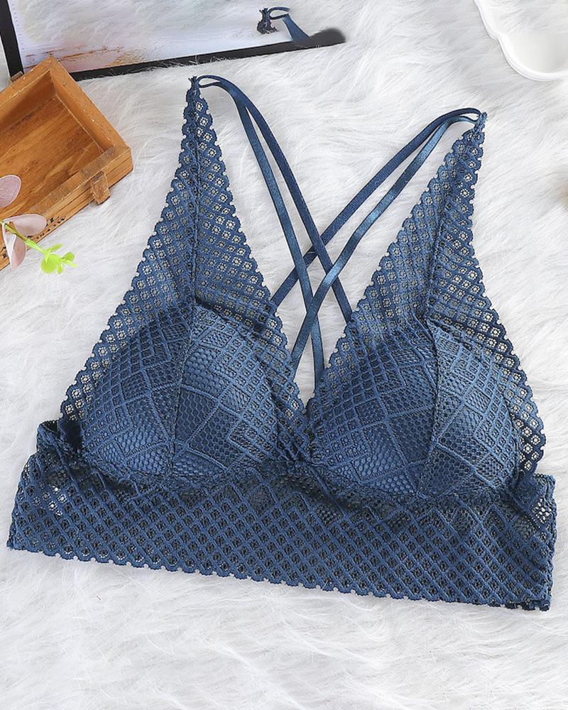 

Lace Bralette Hollow Out Lace Bra Crop Top Wireless Underwear Deep V Push Up Bra, Blue