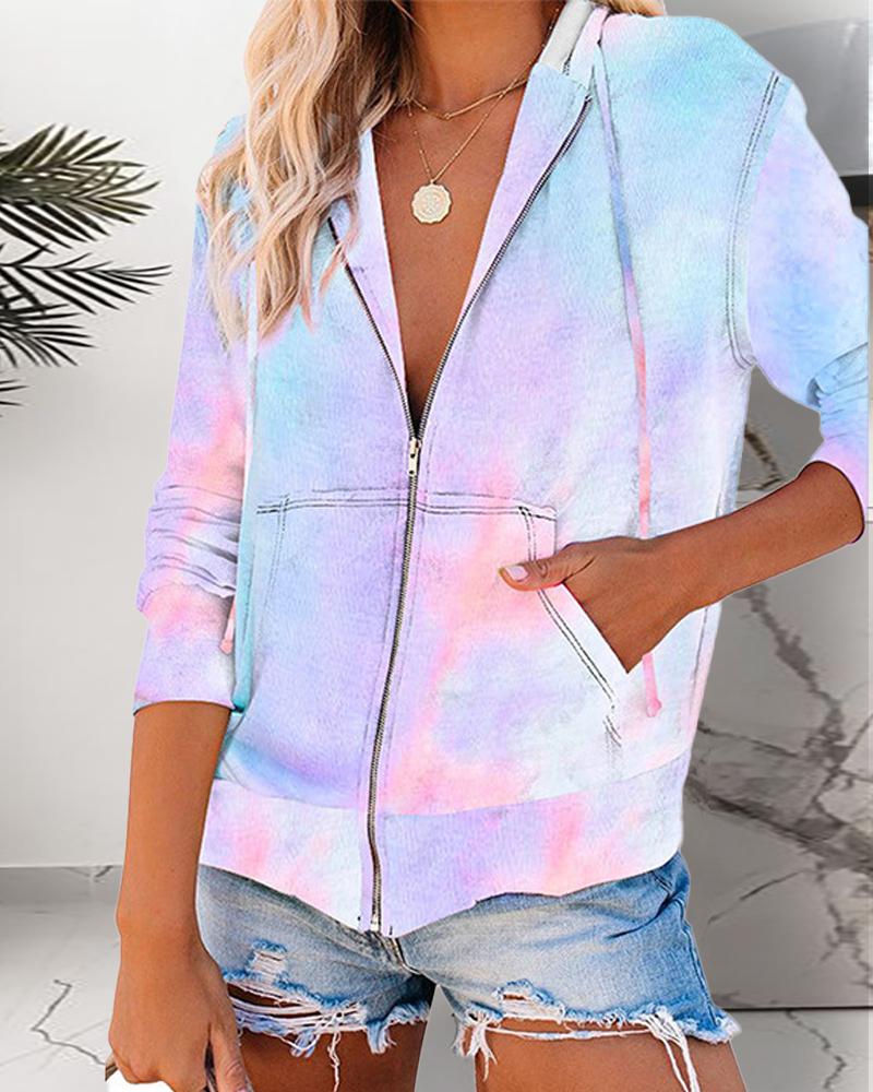 

Tie Dye Print Pocket Design Hooded Top, Light blue