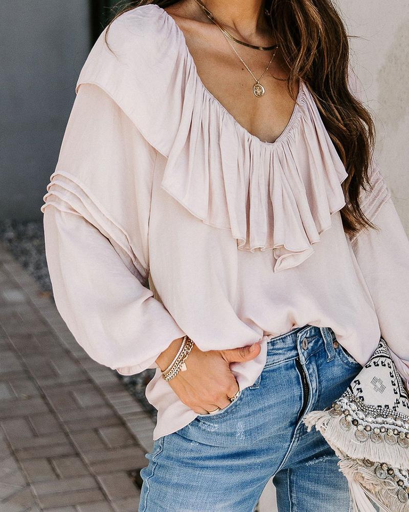 

Ruffles Hem Long Sleeve Casual Women Blouse, Apricot