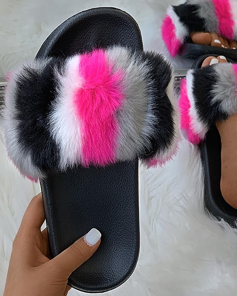 

Colorblock Open Toe Fluffy Slippers, Black&white