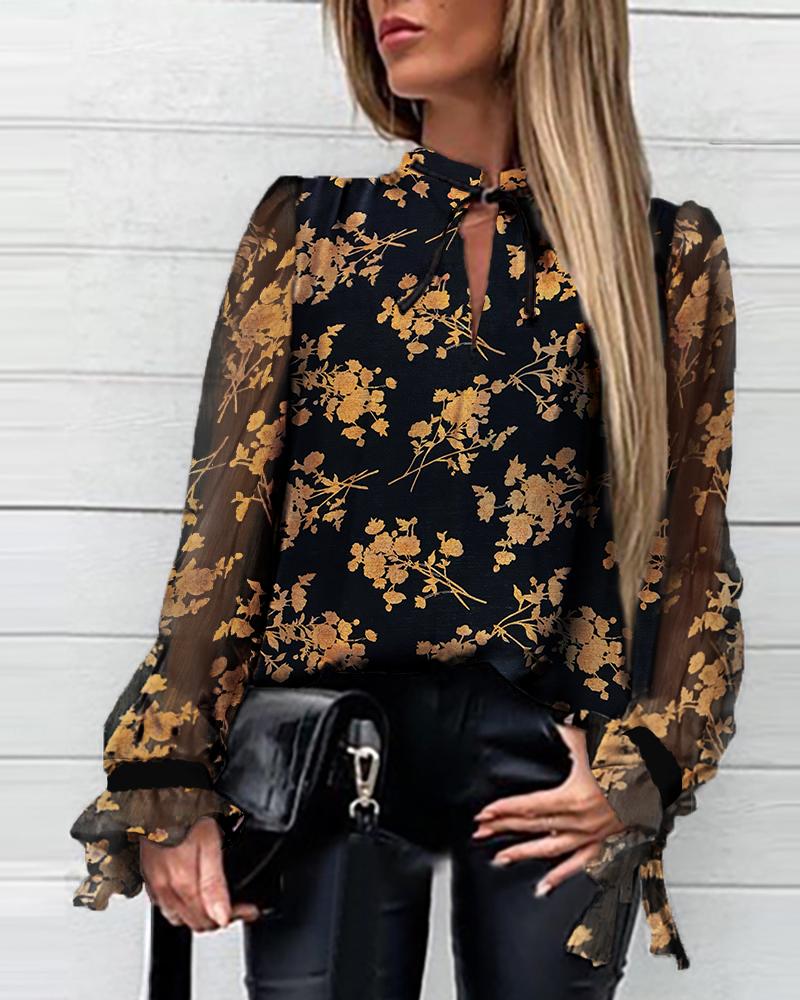

Floral Tied Neck Casual Women Blouse, Black