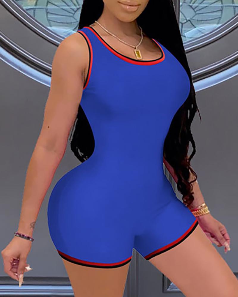 

Colorblock U Neck Skinny Romper, Blue