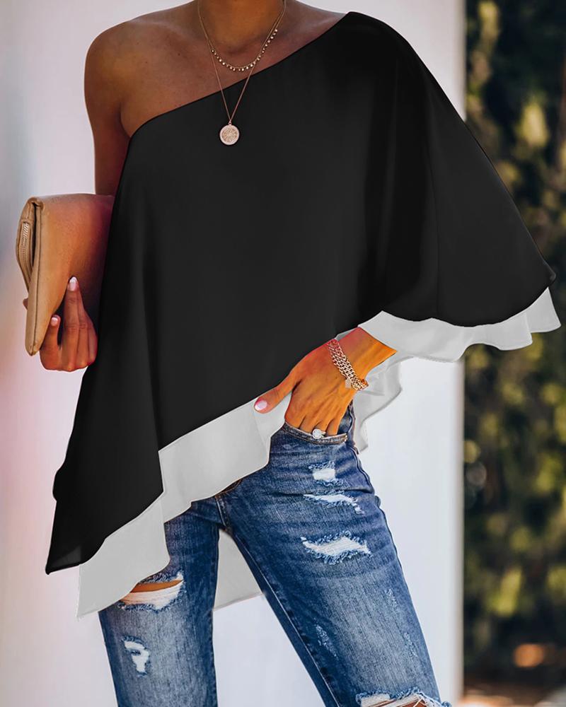 

One shoulder Colour Contrast Ruffles Scallop Trim Irregular Top, Black