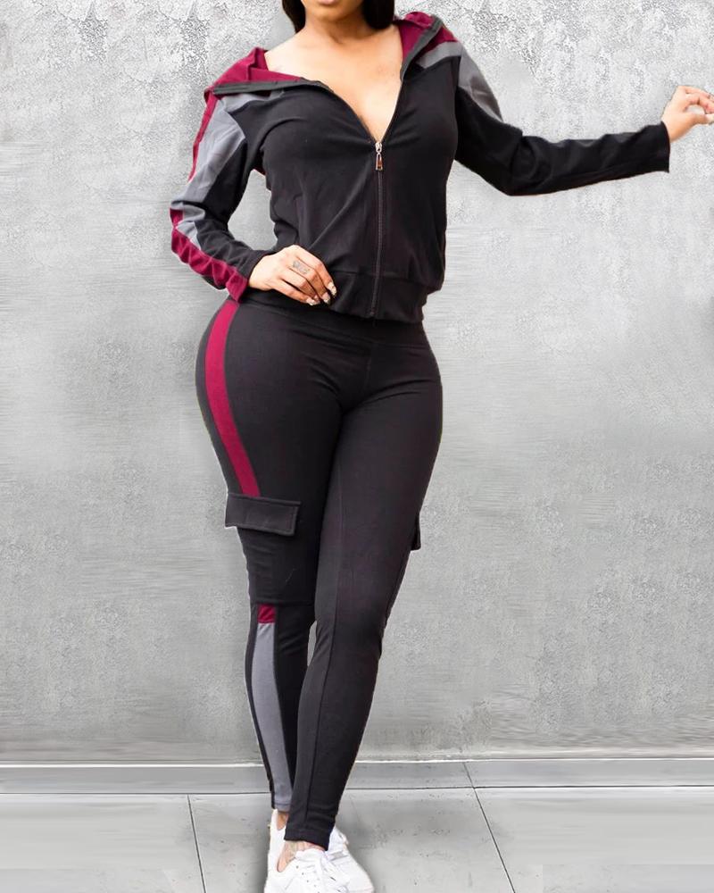 

Colorblock Zipper Front Hooded Top & High Waist Pants Set, Red