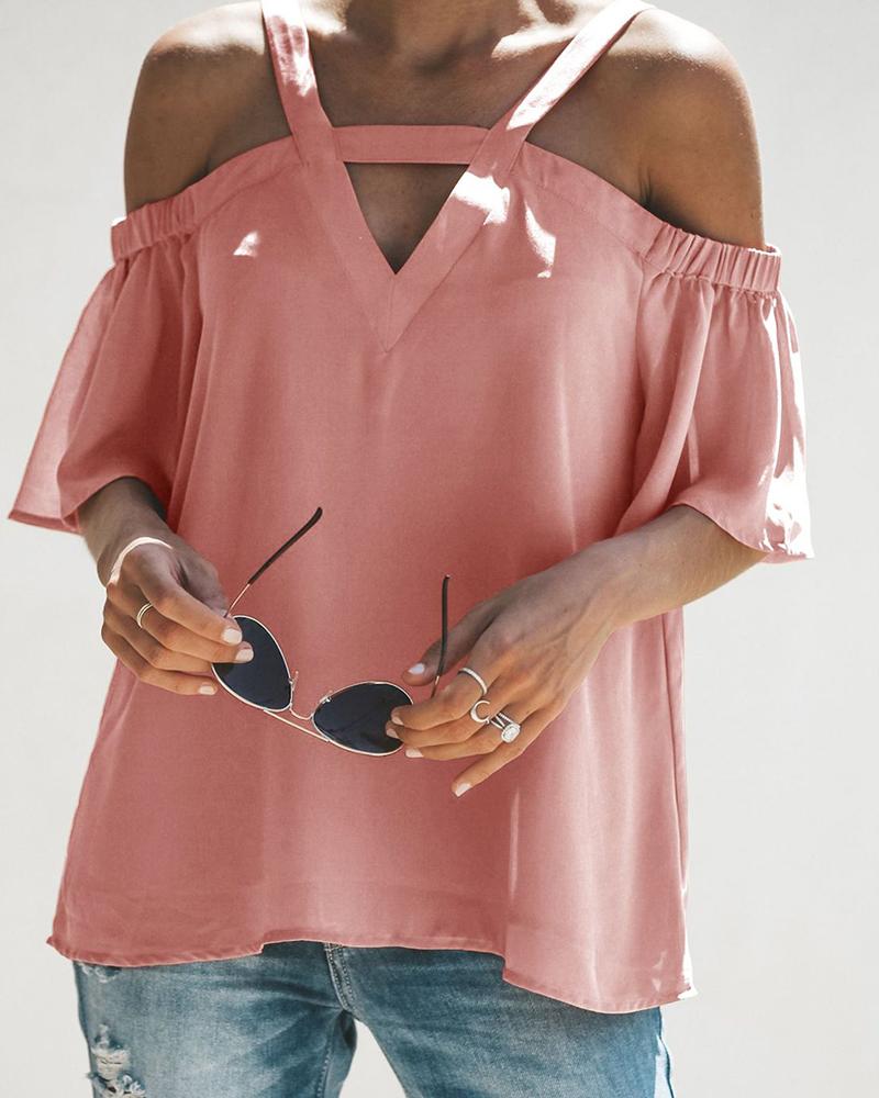 

Cold Shoulder Cutout Front Bell Sleeve T-shirt, Pink