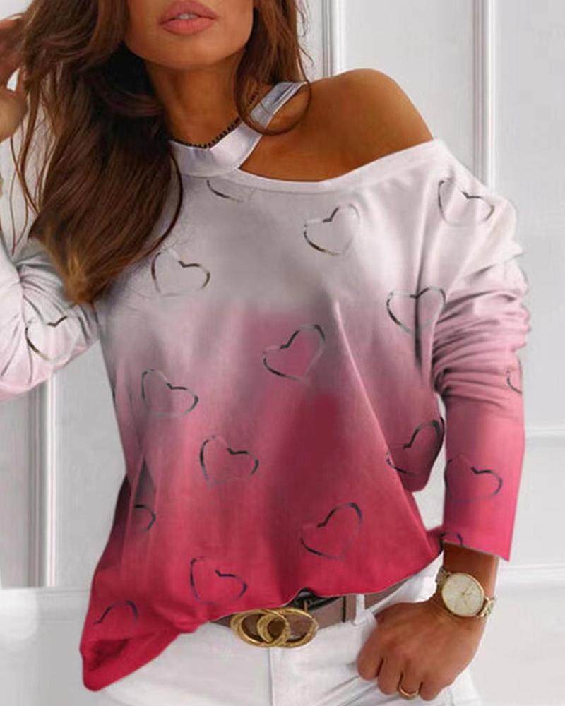 

Gradient Heart Print Cold Shoulder Top, Pink