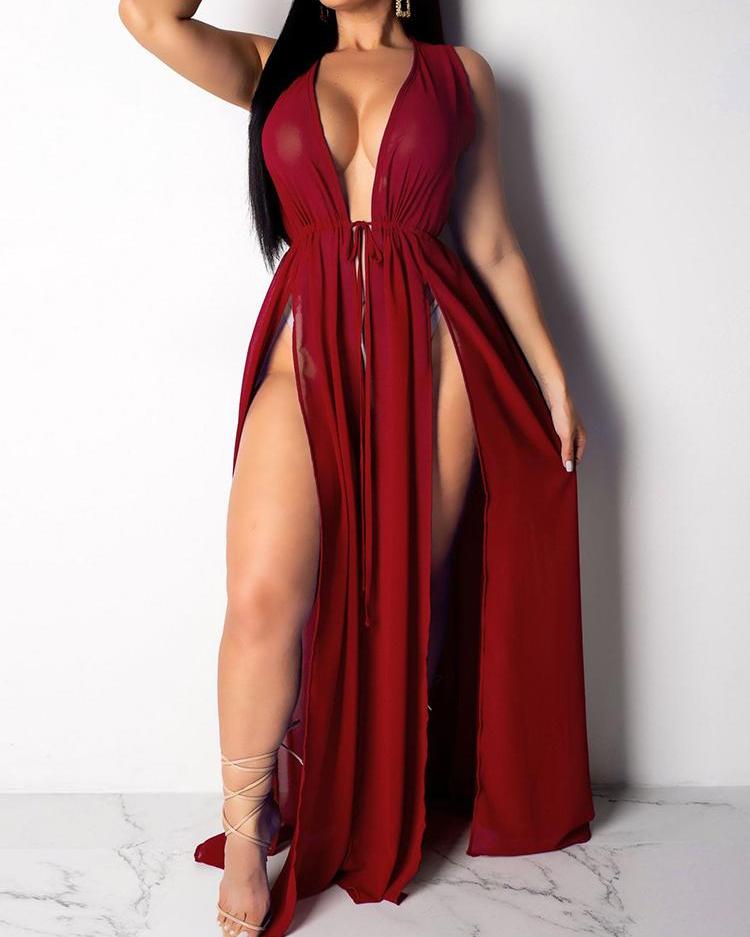 

Chiffon Thigh Slit Beach Dress Cover Ups, Wine red