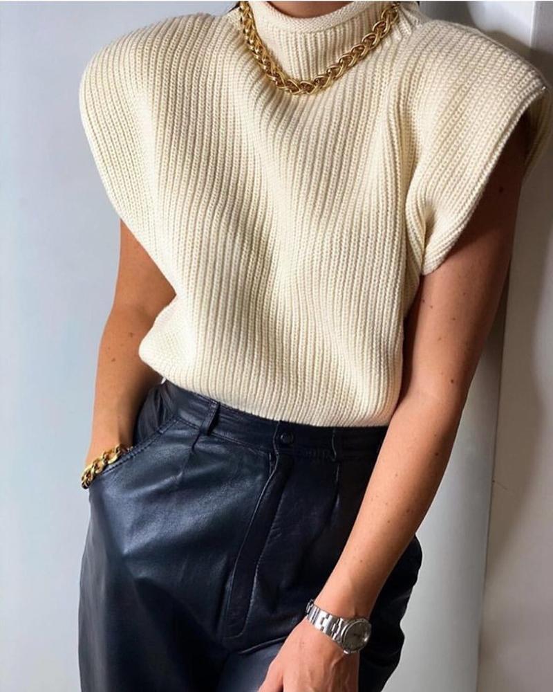 

High Neck Plain Sleeveless Sweater, Apricot
