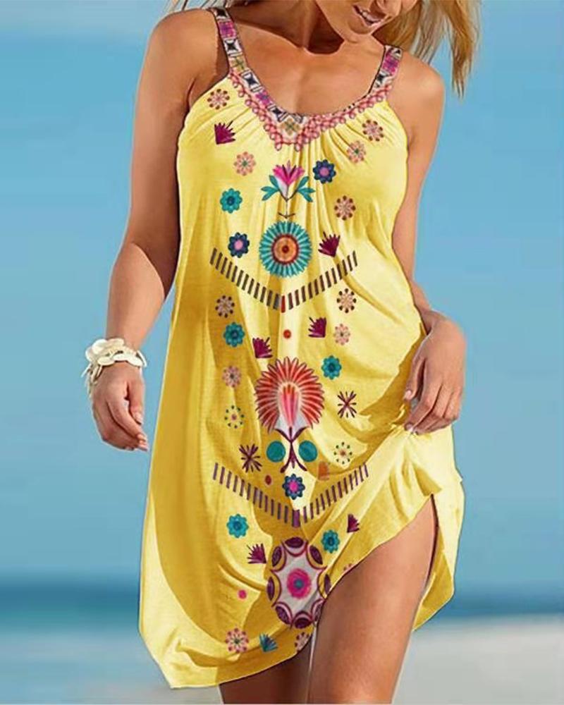 

Retro Patterns Print Strap Loose Boho Mini Dress, Style2