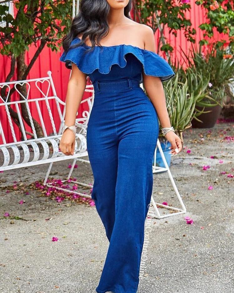 off the shoulder jean jumpsuit