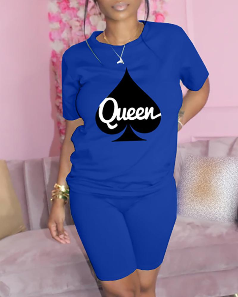 

Poker Letter Print Short Sleeve Top & Shorts Set, Blue
