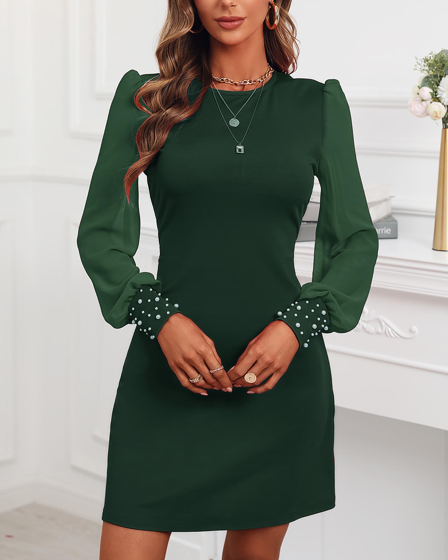 

Puff Sleeve Beaded Decor Dress, Green