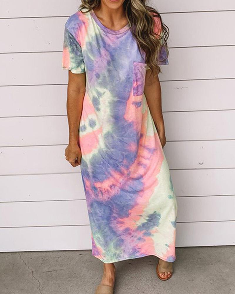 

Tie Dye Print Short Sleeve Maxi Dress, Blue