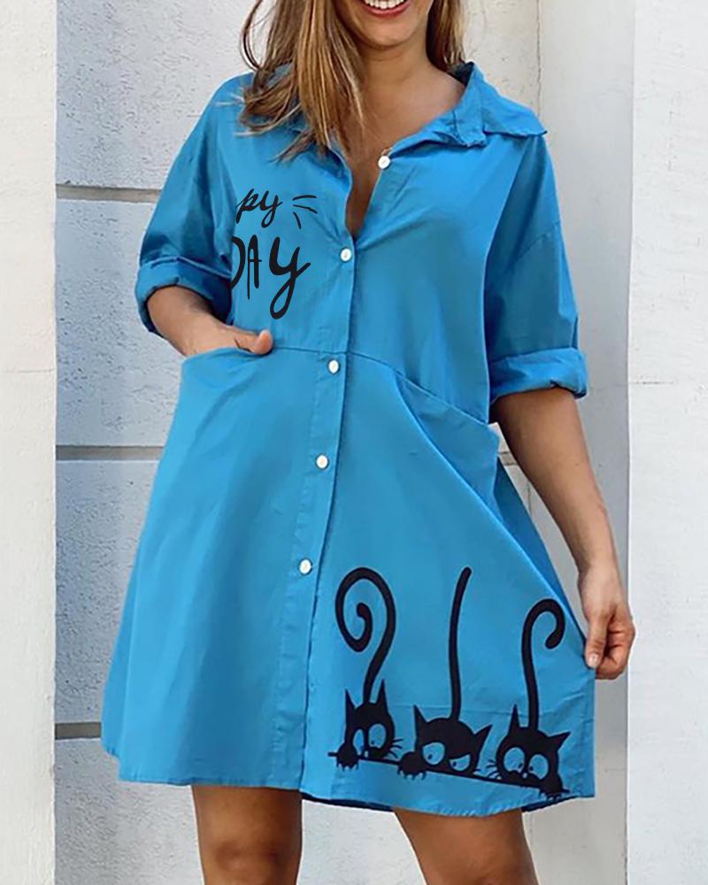 

Cat Letter Print Buttoned Shirt Dress, Blue