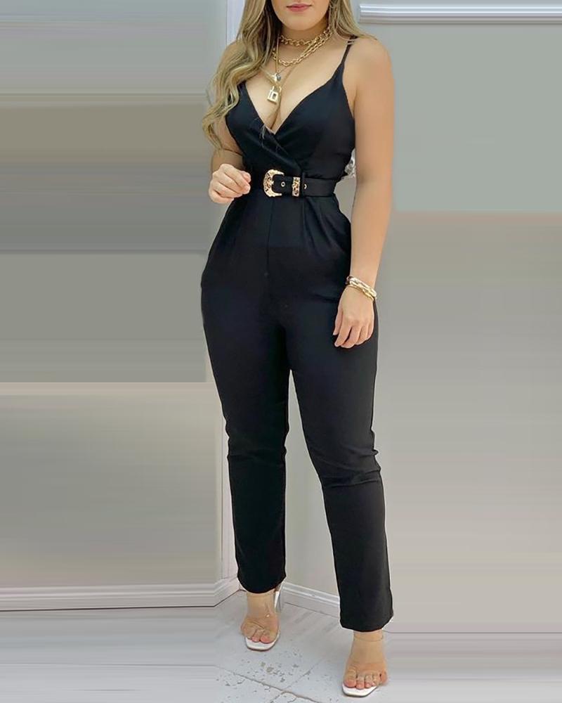 

Plain Deep V Neck Spaghetti Strap Jumpsuit, Black