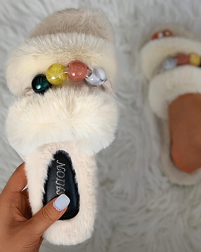 

Colorblock Beaded Fluffy Slippers, Beige