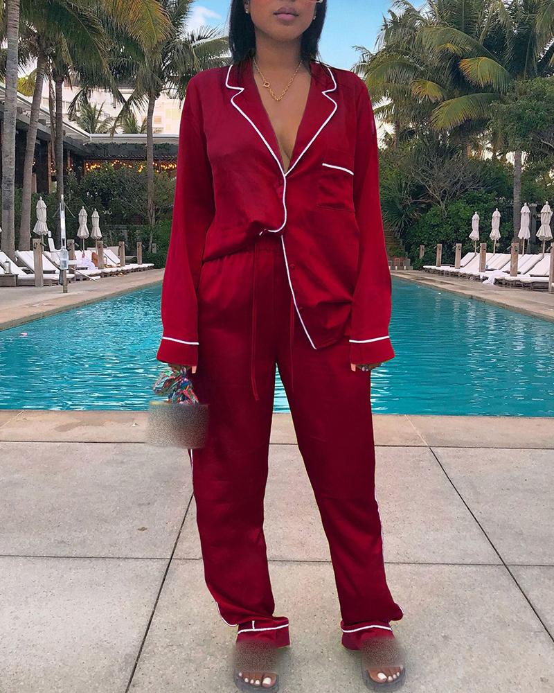 

Satin Contrast Biding Pocket Design Top & Drawstring Pants Set, Red